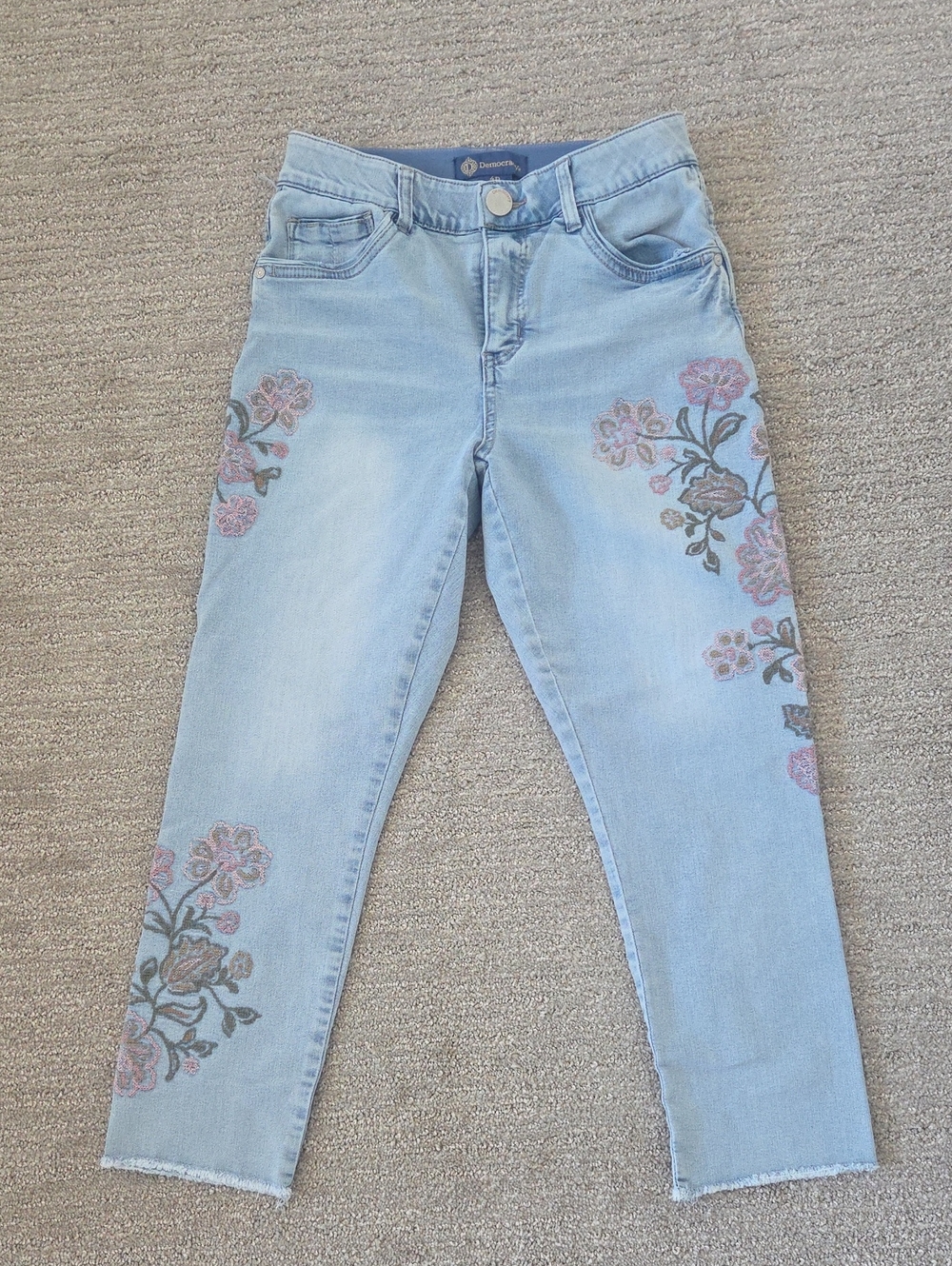 Democracy Light Blue Ankle Jeans with Pink Floral Embroidery
